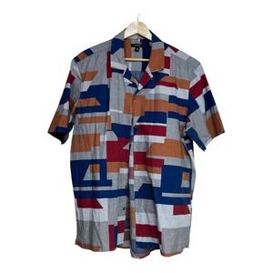 Alfani Mens Large Geometric Print Short Sleeve Button Up Shirt Cotton